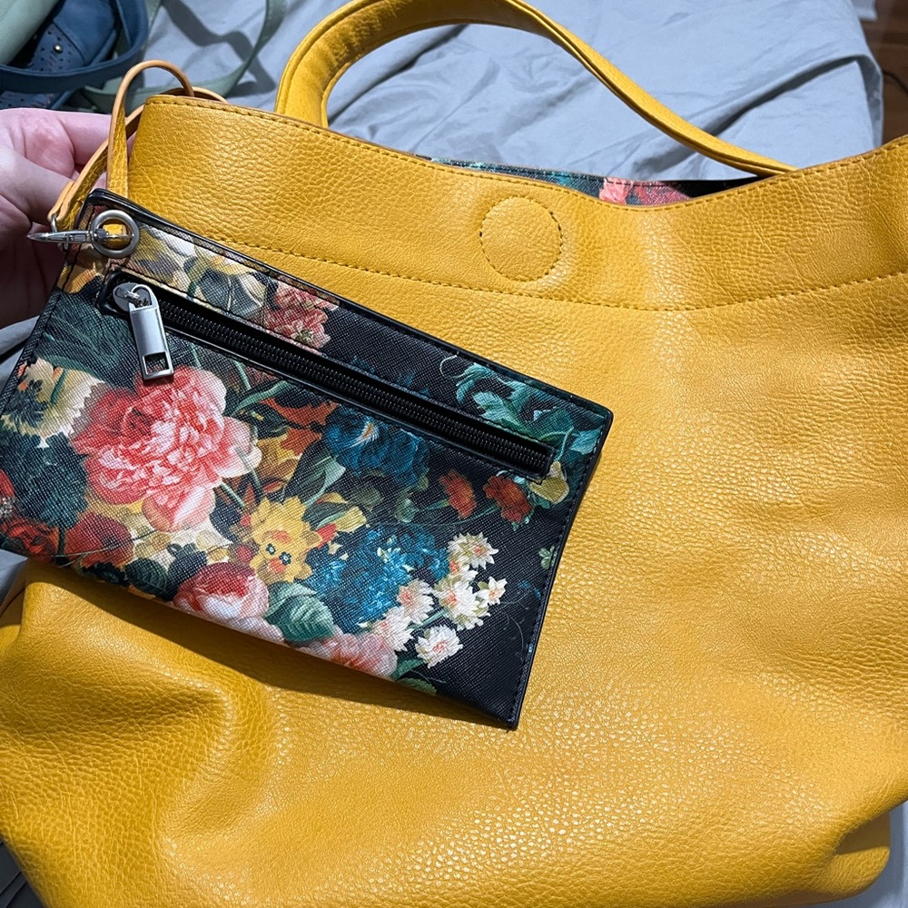 Yellow Faux Leather Tote Bag with Floral Zip Pouch
